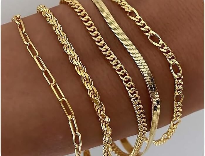 DEARMAY Gold Bracelets for Women Waterproof, 14K Real Gold Jewelry Sets Trendy Thin Dainty Stackable Cuban Link Paperclip Chain Bracelet Pack Fashion Accessories Gifts for Womens